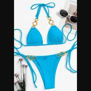 Le' Beautiful Lyn - 2 Piece Aqua Blue Bikini Tie Up Halter Swimsuit Gold $44.99